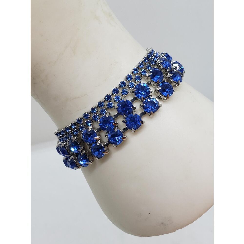 Lot of 2 Vintage Blue Rhinestone double Tennis Bracelet 1960s Fold Over Clasp